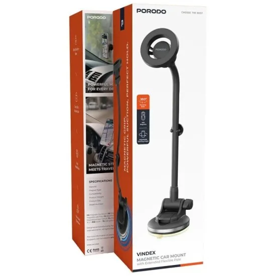 Porodo Vindex Magnetic Car Mount with Extended Flexible Pole - Black